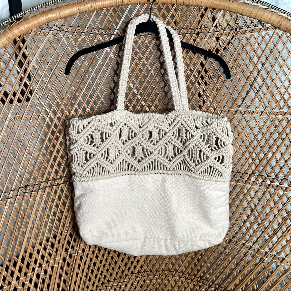Woven Macramé Cream Tote Bag